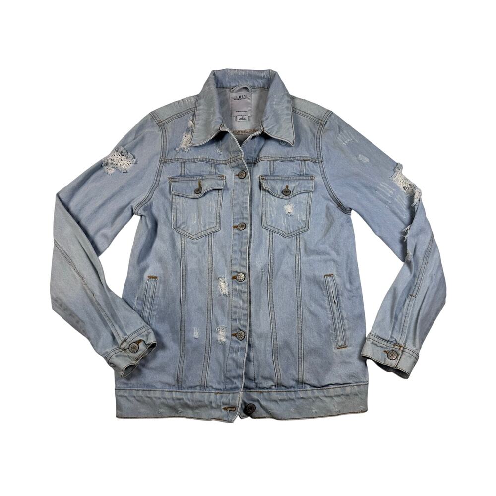 IRIS Women’s M Distressed Denim Jacket Light Wash Ripped Jean Trucker Y2K